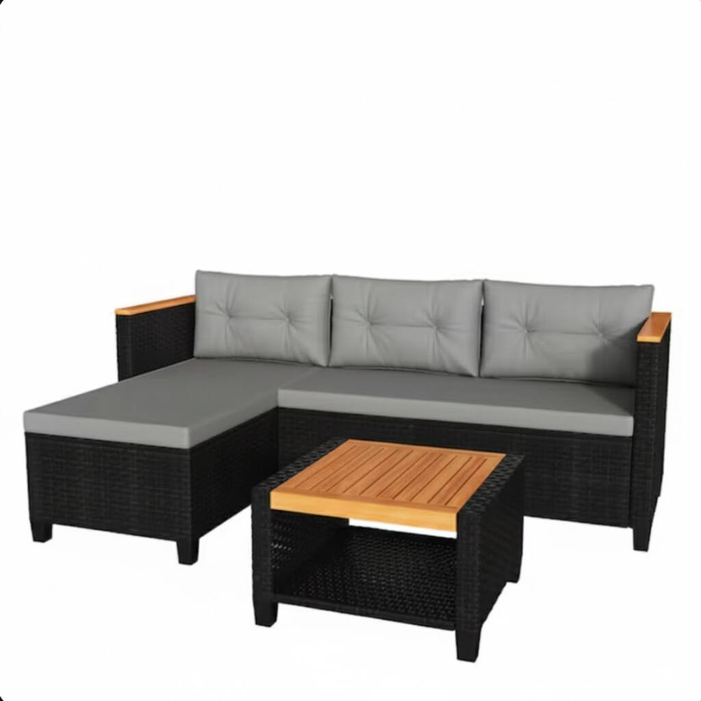 3-Piece L-Shaped Wicker Set with Gray Cushions and Acacia Wood Storage Table