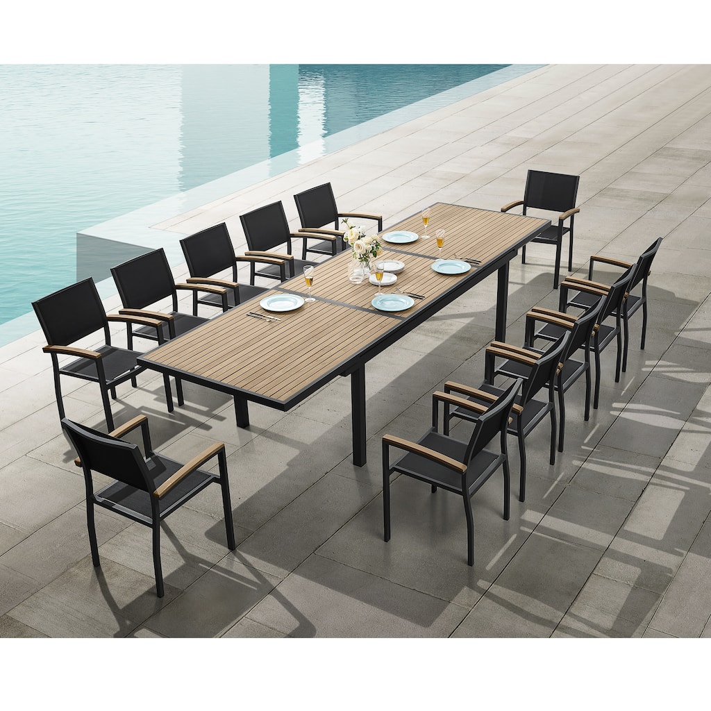 Heck 13 Pieces FSC Teak Aluminum Outdoor Dining Set for 12 Person, Extendable Table and Stackable Chair, Charcoal Black