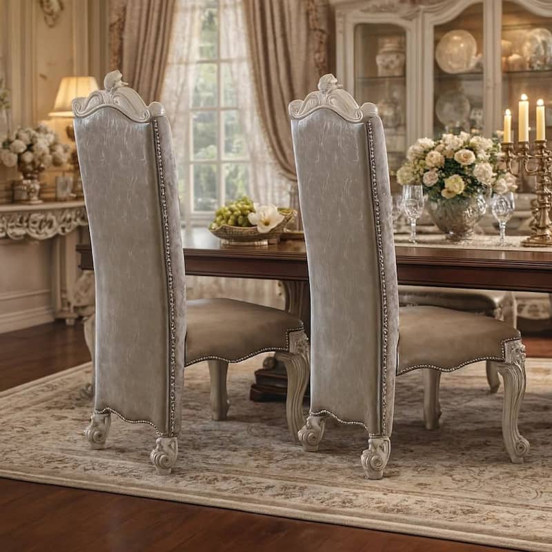 Faux Leather Upholstered Wooden Side Chair with Scrolled Carvings, White, Set of 2