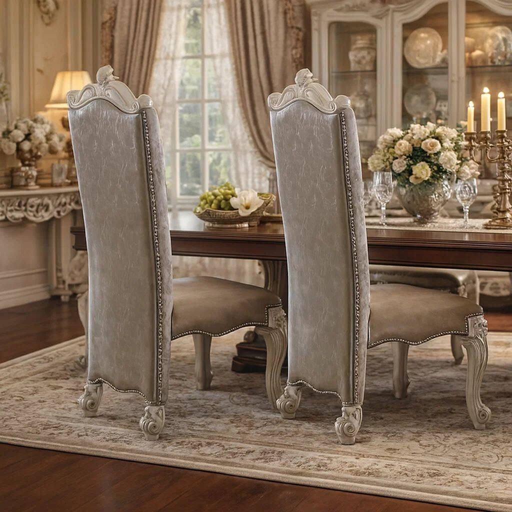 Faux Leather Upholstered Wooden Side Chair with Scrolled Carvings, White, Set of 2