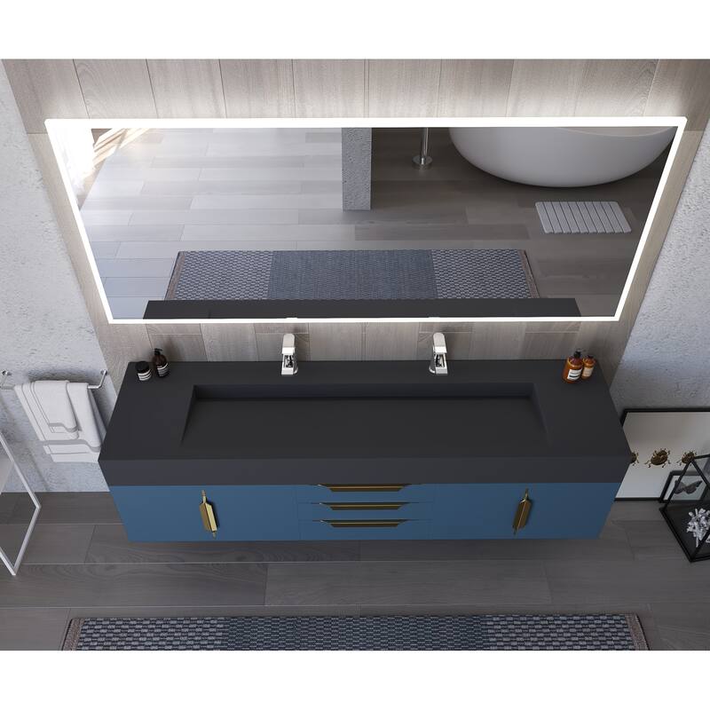 Nile 72" Wall Mounted Bathroom Vanity Set w/ Black Top