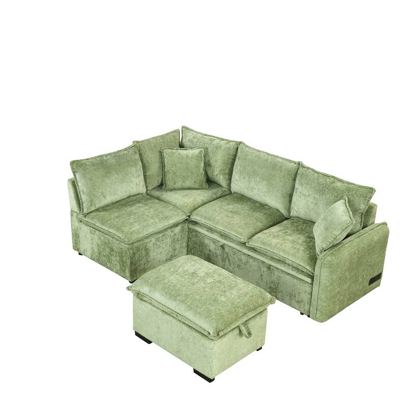 Green 82.67" L-Shaped 5-Seat Sectional Sofa with Pull-Out Bed, Storage Ottoman, 2 USB Ports, Power Sockets, and 2 Cushions