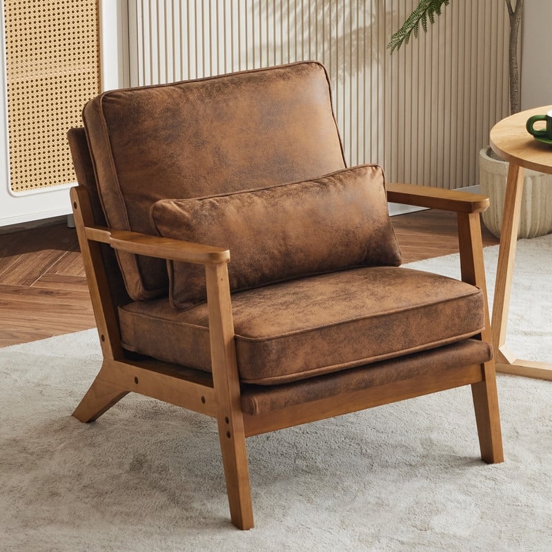 Upholstered Linen Blend Accent Chair with Wooden Legs and One Pillow Beige - Brown