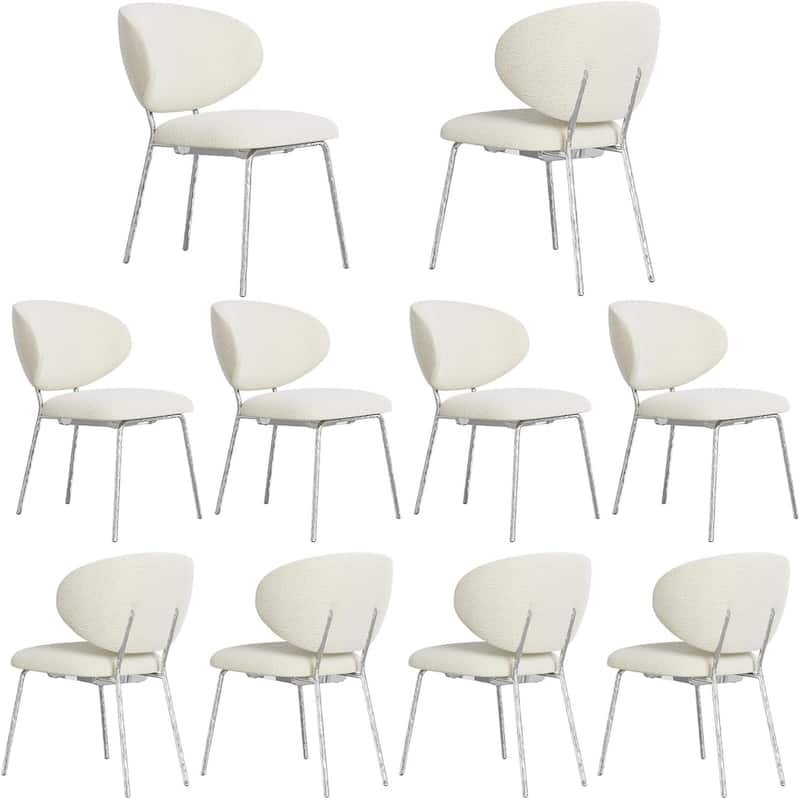 White Velvet Dining Chairs with Hammered Finish Metal Legs - Silver - Set of 10