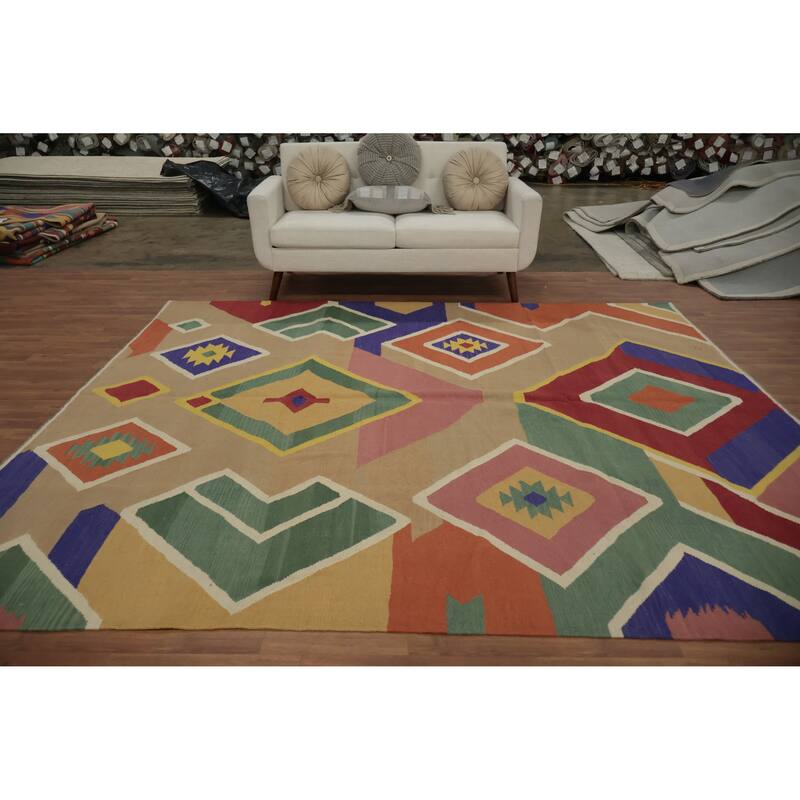 Hand Woven Oriental 100% Wool Carpet Southwestern Modern Multi-Colored Kilim Area Rug - 9' 8'' X 8' 6''