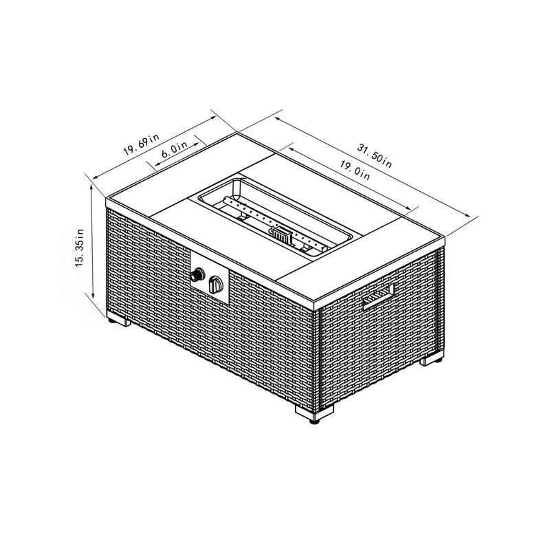 32" Propane Gas Fire Pit Table, 50000 BTU Rectangular Fire Pit, Tile Tabletop with Beautiful Wicker Base