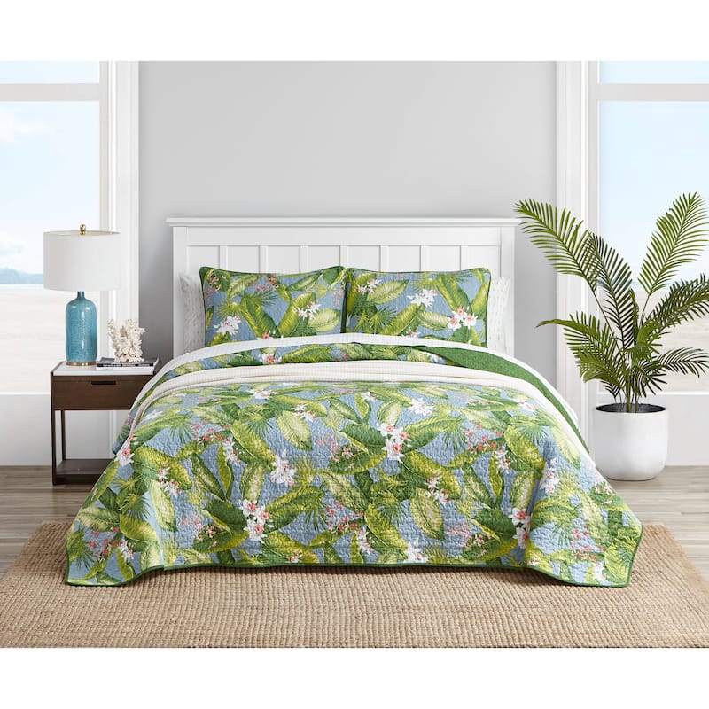 Tommy Bahama Aregada Dock Tropical Foliage Soft Textured Quilt (Blue, 3 Piece Set)