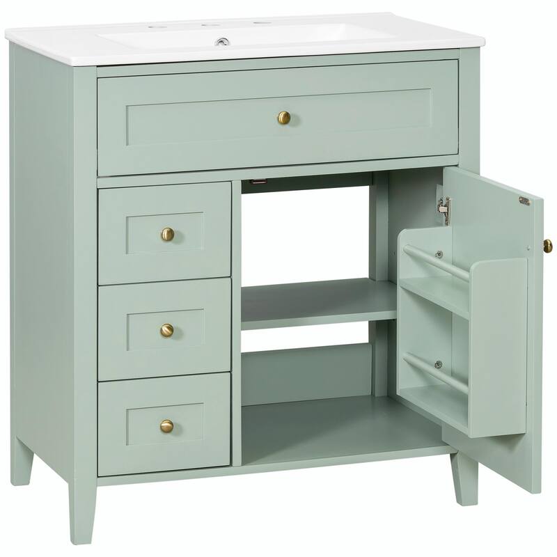 Bathroom Vanity with Sink, Modern MDF and Rubberwood Cabinet with 3 Drawers and Adjustable Shelf