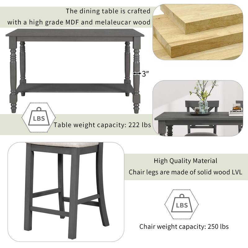 6-Piece Counter Height Wooden Dining Table Set with 4 Chairs & Bench