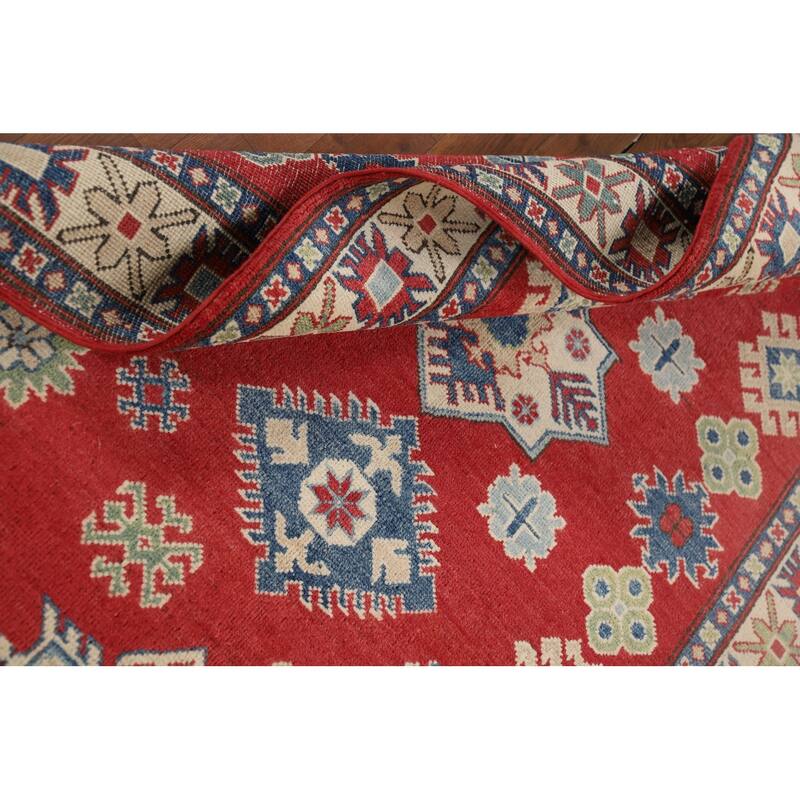 Red Geometric Kazak Oriental Accent Rug Hand-Knotted Wool Carpet - 3'11" x 6'3"