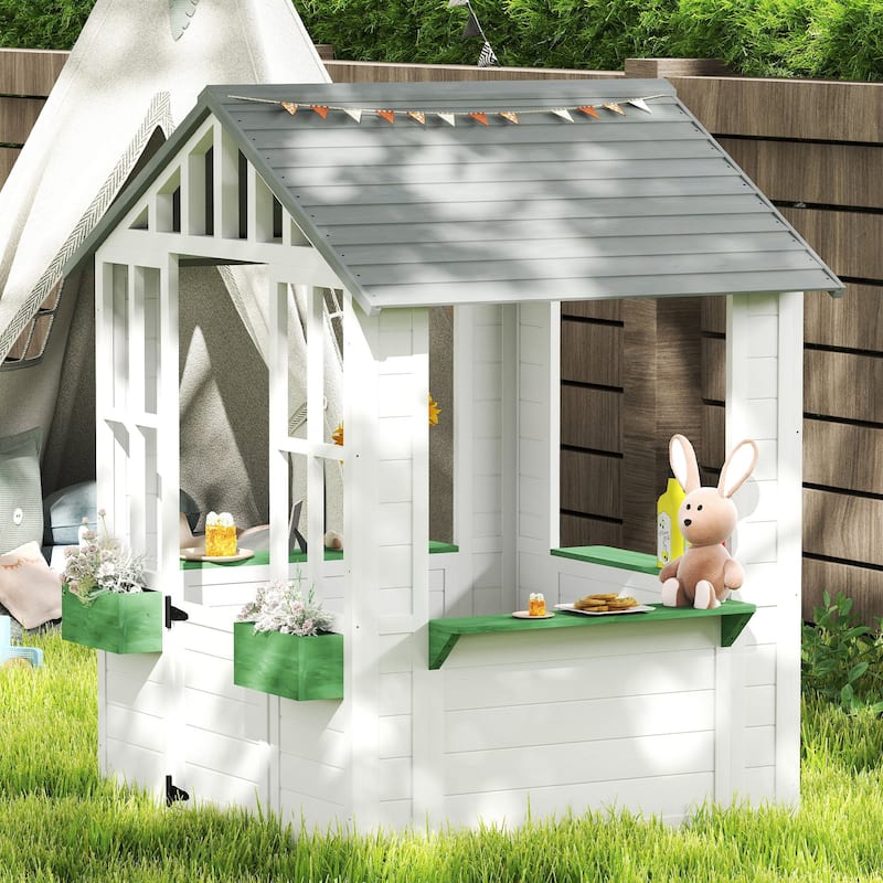 Outsunny Kids Wooden Playhouse, Outdoor Garden Games Cottage, with Working Door, Windows, Flowers Pot Holder, 47" x 38" x 54"