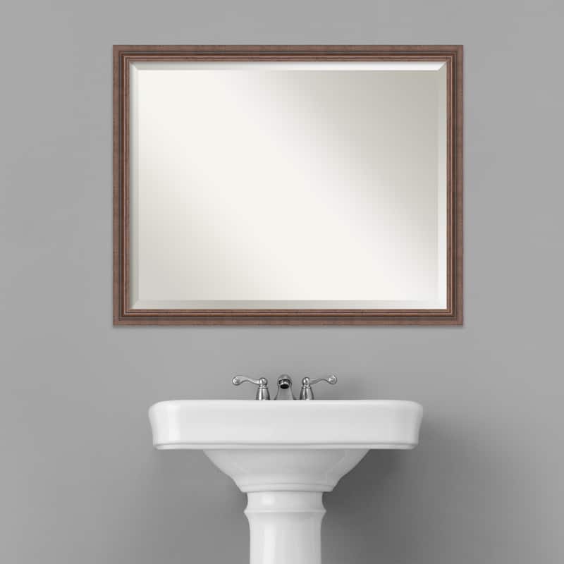 Beveled Wood Bathroom Wall Mirror - Distressed Rustic Brown Frame - Distressed Rustic Brown
