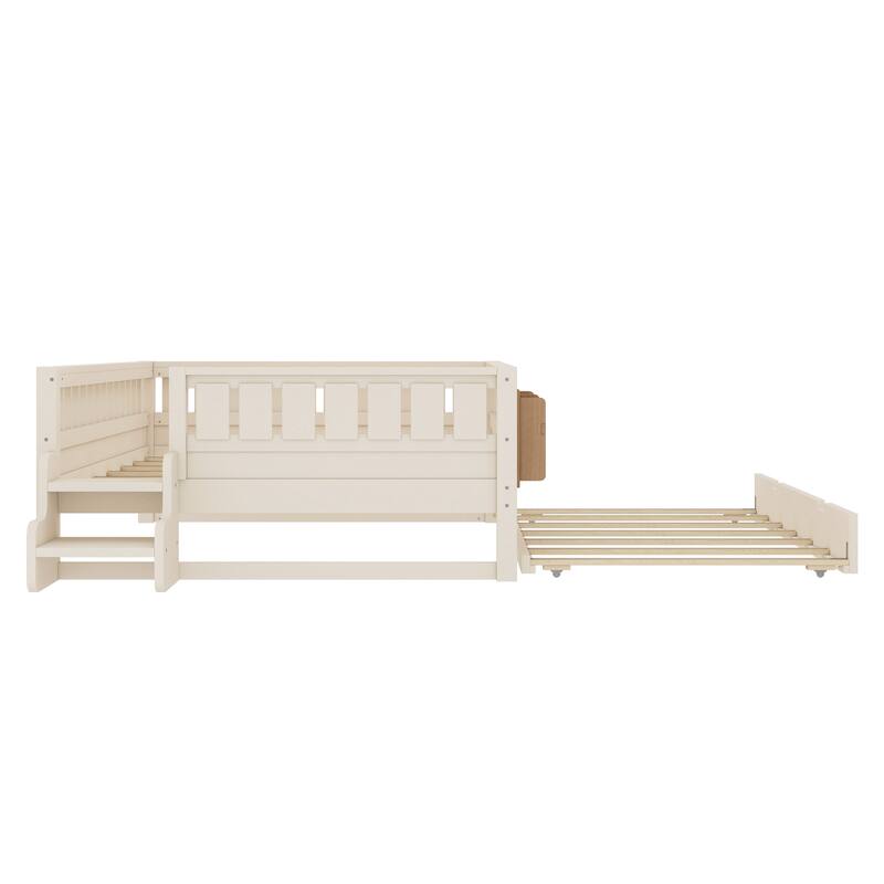 Full/Twin Size Wood Bed with Built-in Bookshelves and Storage Staircase, Safety Rails and Trundle Bed