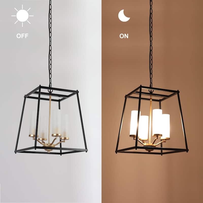 Modern 4-Light Black Gold Geometric Chandelier with Frosted Glass Shades - 14 “