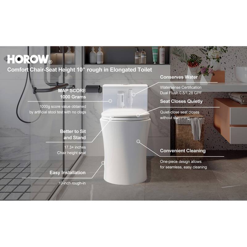 HOROW 1 Piece Dual Flush Elongated Toilet White 10 Inch Rough In WaterSense High Efficiency