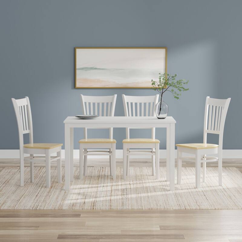 5-Piece Dining Set, 48" Rectangle Wood Table and Spindle Chairs - White Table + White/Natural Chairs