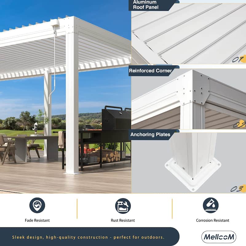 EROMMY Outdoor Louvered Pergola Gazebo with Adjustable Aluminum Rainproof Roof and Pull-Down Screen