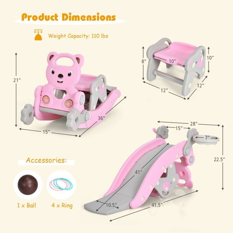 4-in-1 Toddler Slide and Rocking Horse Playset with Basketball Hoop