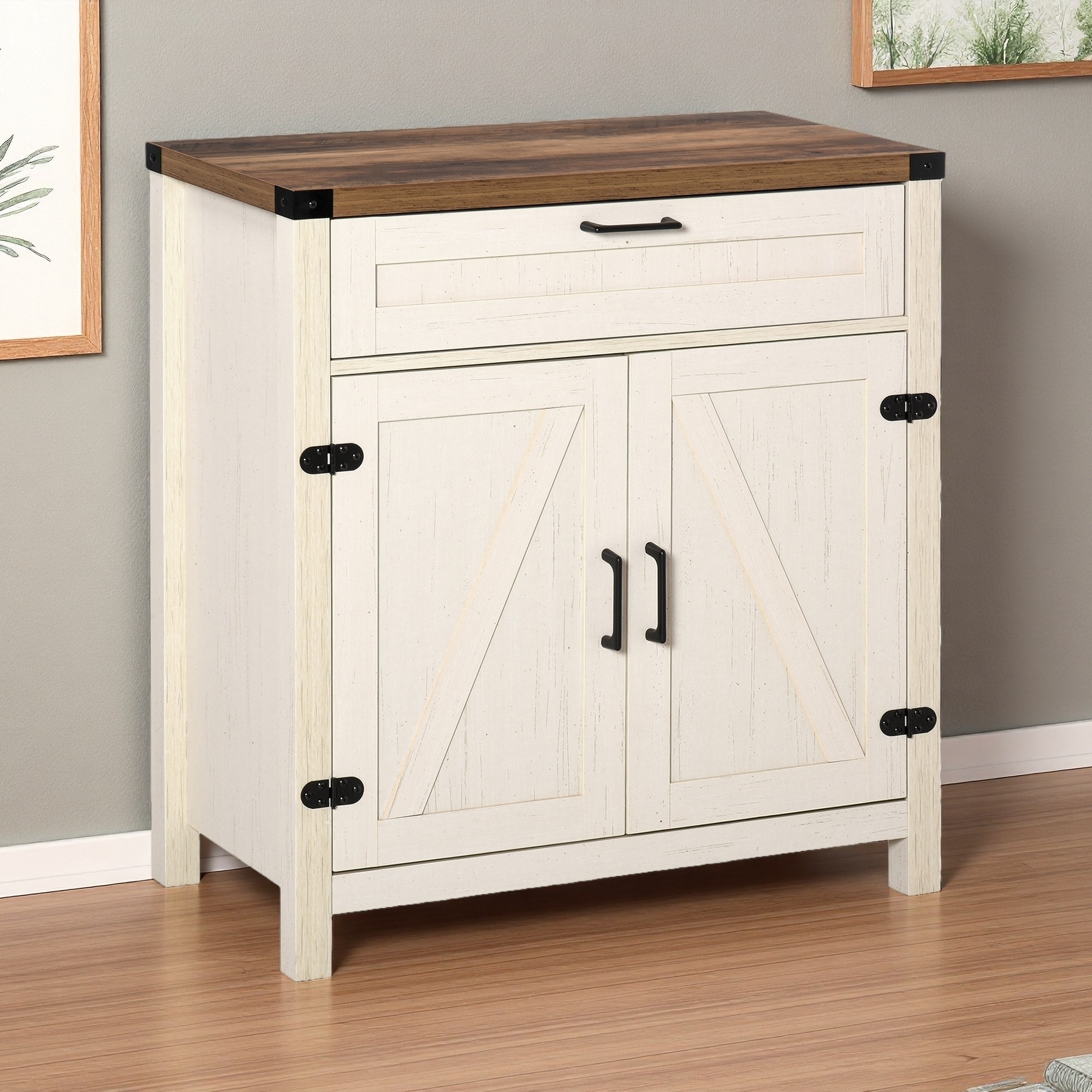 30" Farmhouse Sideboard with Barn Doors & Pull-Out Drawer