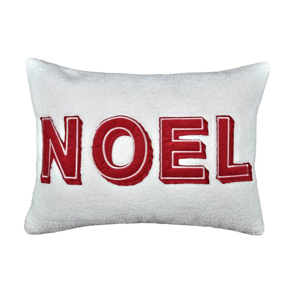 Noel Christmas Throw Pillow with Insert - 14x20" White Sherpa Accent Cushion in Red and Ivory Set of 2
