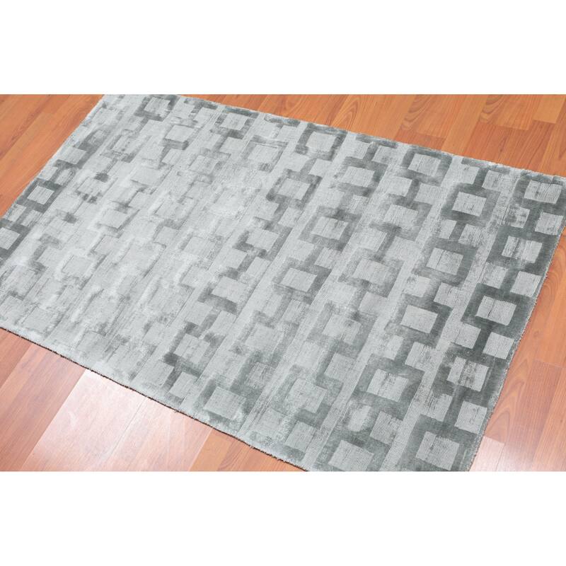 3'x5' Hand Tufted Bamboo Silk Loop n Cut Pile Geometric Oriental Area Rug Tone on tone Aqua, Color - 3' x 5'