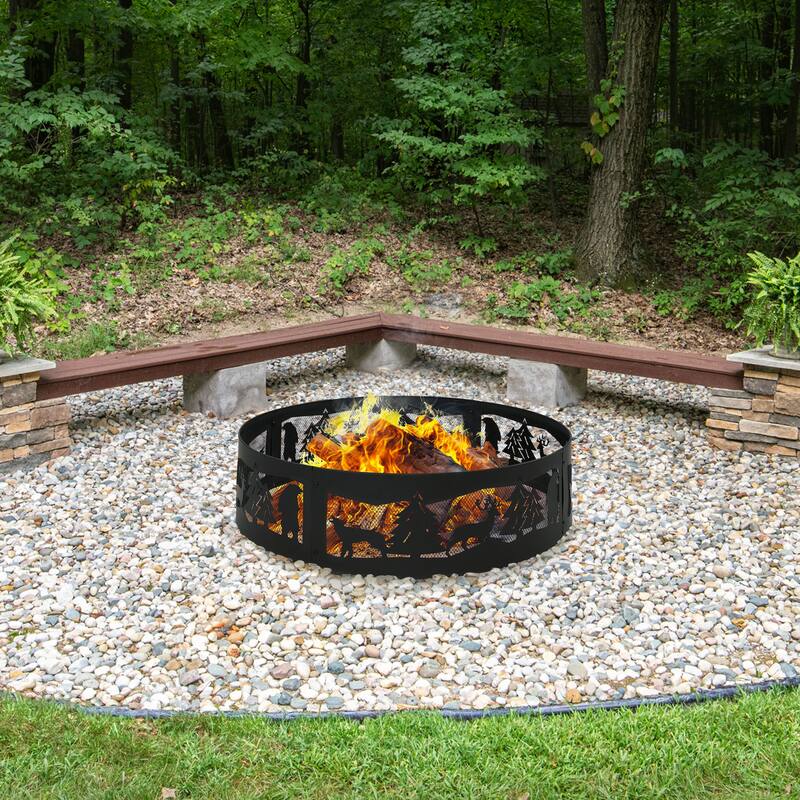 Forest Wilderness Black Steel Fire Pit Ring with Cutouts - 36"