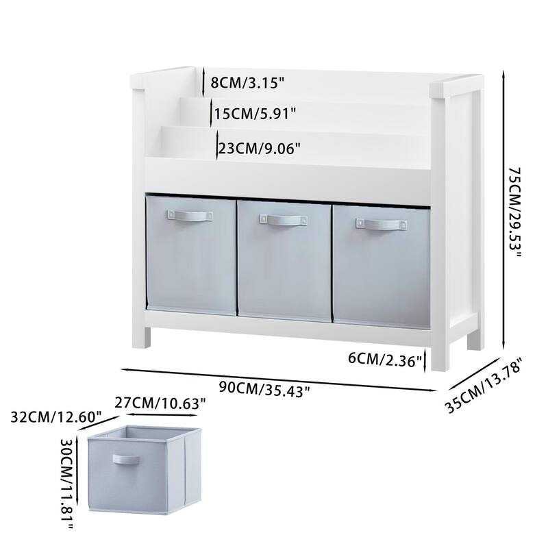 Kids Bookshelf with 3 Tier Front-Facing Storage and 3 Fabric Bins, Wooden Toddler Bookcase for Playroom, Nursery, Bedroom