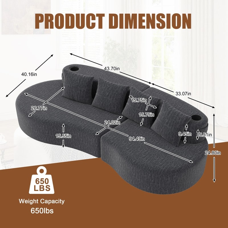 Chenille Upholstered Curved 3 Seat Minimalist Compressed Modular Sectional Sofa