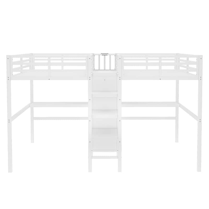 Twin Over Twin Metal Loft Bed with Double Desk, Wardrobe & Shelves