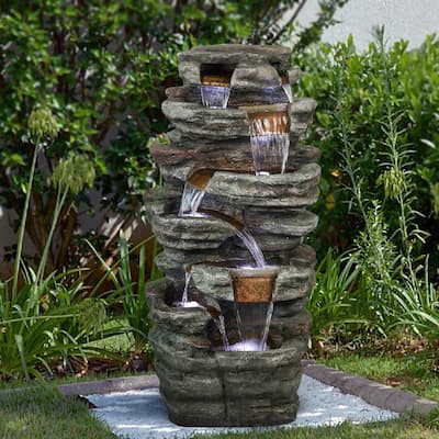 7-Tier Rock Water Fountain w/LED Lights Outdoor Water Feature for Home