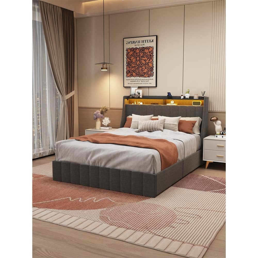 Stripe Upholstered Platform Bed with Wingback LED Headboard & 4 Large Capacity Sliding Drawer, Steel Slat Support Bed Frame