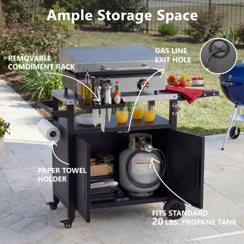Outdoor Metal Grill Cart with Storage Cabinet, Foldable Table, Wheels & Stainless Steel Top & Hooks & Spice Rack
