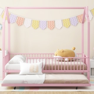 House-Shaped Metal Full Size House Bed with Fence and Twin Trundle