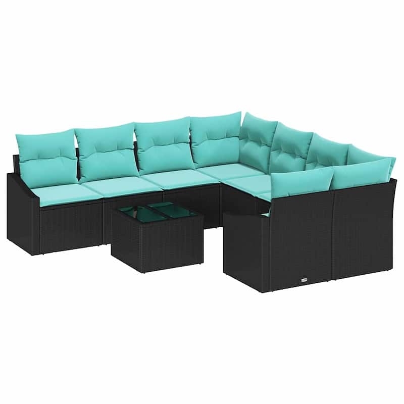 vidaXL 9 Garden Sofa Set with Cushions Black Poly Rattan - 91.9 x 92.1 x 27.2