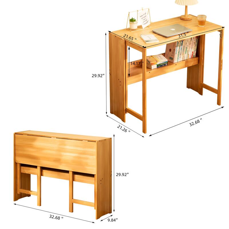 Bamboo Folding Desk, Space-Saving Foldable Computer Desk with Storage Shelf for Home Office, Dorm or Small Spaces