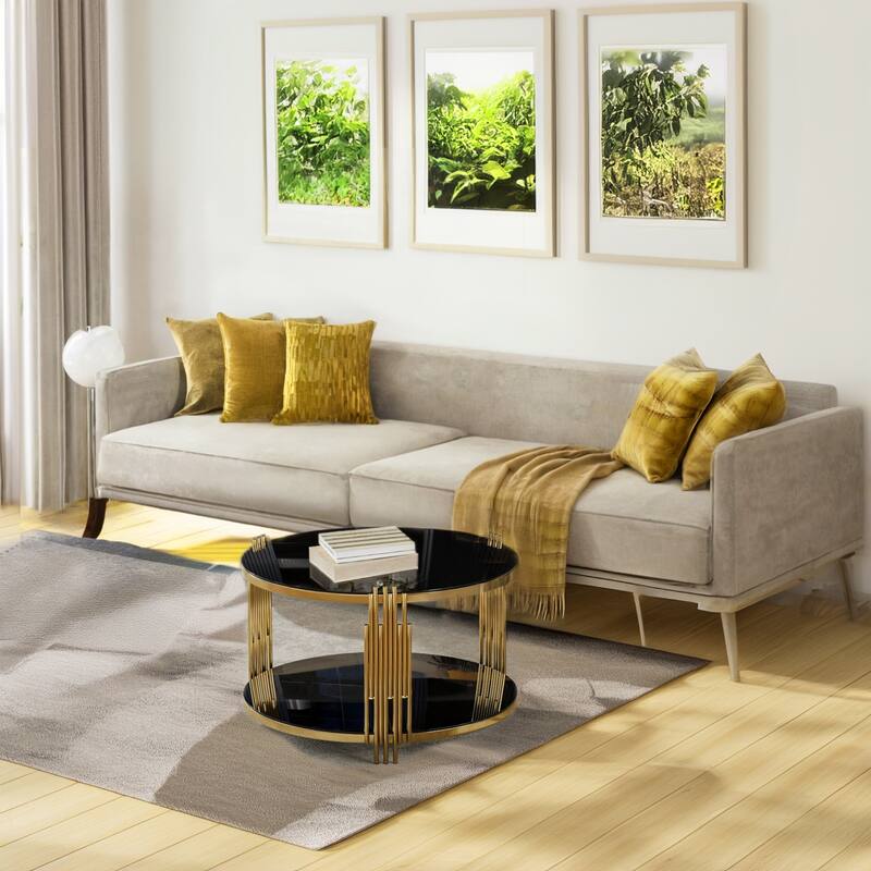 31.5" Glass Coffee Table with Asymmetrical Metal Base