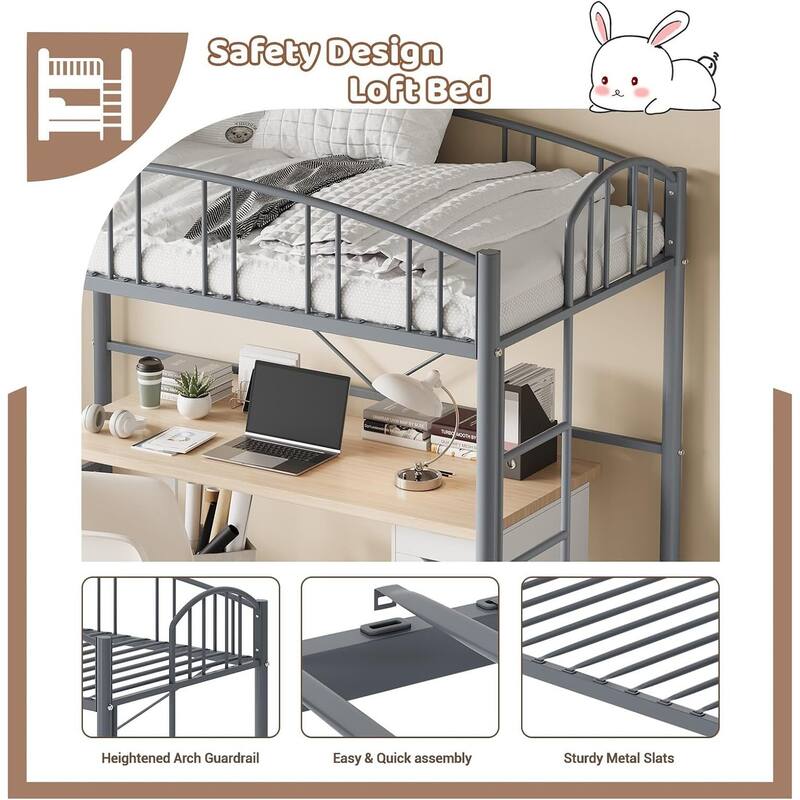 Space-Saving Twin Metal Loft Bed Frame, Safety Ladder, No Box Spring Needed