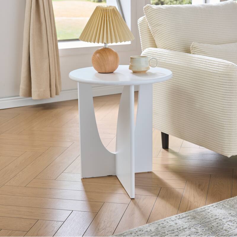 Theo Round Wood Side Table with Sculptural U-Shaped Base - White