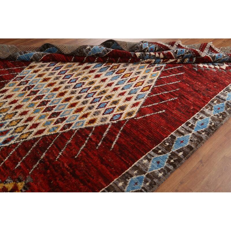Hand Knotted Oriental 100% Wool Carpet Modern Tribal Red Moroccan Area Rug - 10' 3'' X 6' 7''
