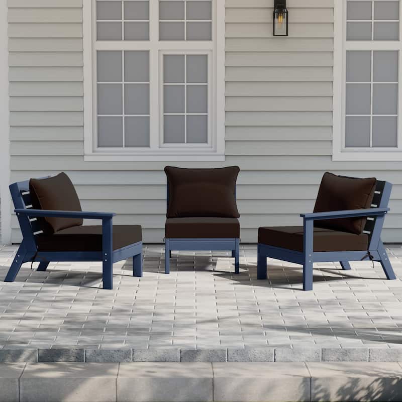 Polytrends Birchwood All Weather HDPE Outdoor Patio Deep Seating Navy Blue Sofa With Cushions (3-Piece) - Navy Blue/Brown