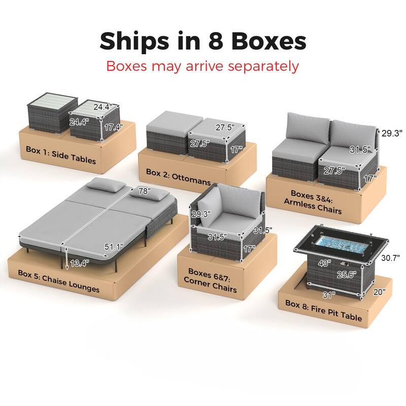 Outdoor Sectional Conversation Set PE Wicker with Double Chaise Lounge, 60,000 BTU Fire Pit Table