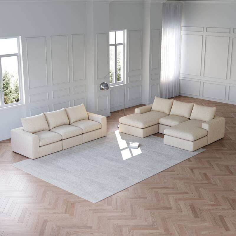 Corduroy Cloud Sectional Sofa with Chaise – L-Shaped Modern Upholstered Sofa - 6 Seat