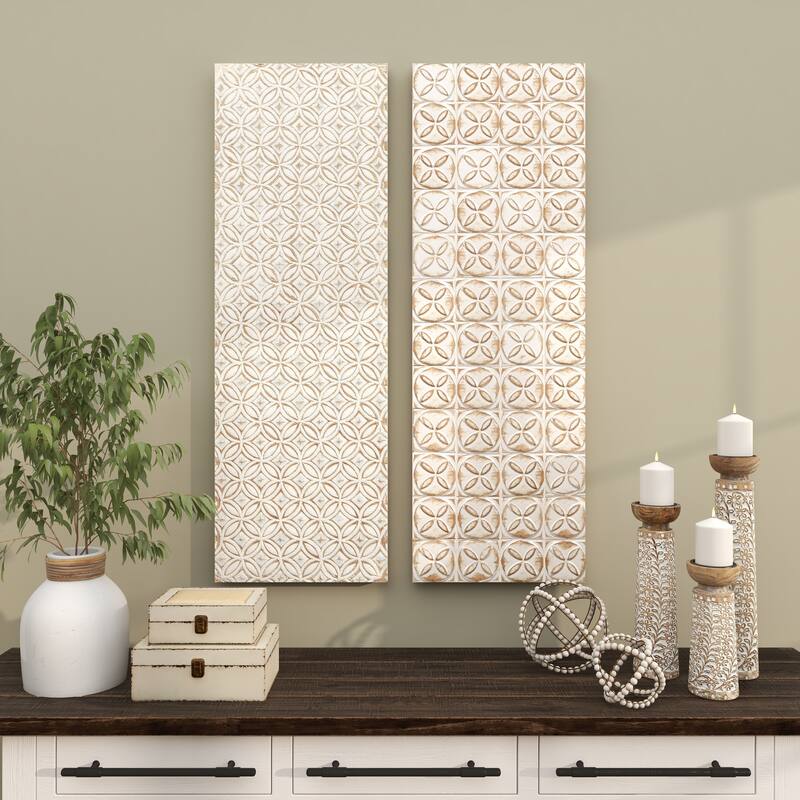 White Wooden Intricately Carved Geometric Home Wall Decor (Set of 2)