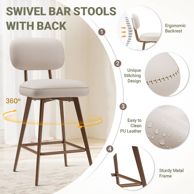 RENEWLINE Modern Swivel Bar Stools, 26 Inch Counter Stools(Ser of 2/3/4/6) with Backrest & Waterproof PU Leather