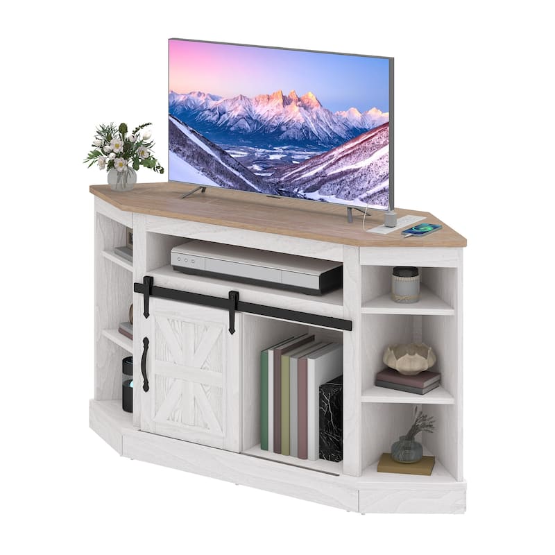 Moasis 47.2" W Corner TV Stand with Power Outlet, Barned-Door Cabinet