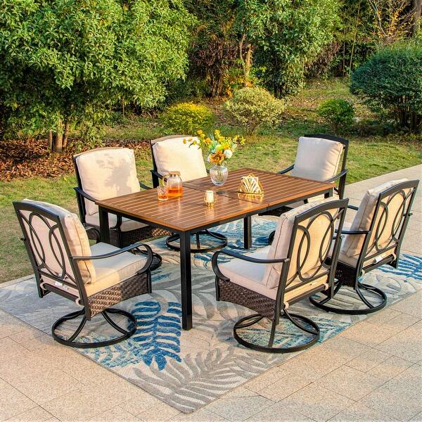 7 Pieces Patio Dining Set, 60 Inch Rectangular Metal Table and Rattan Dining Chairs Bed Bath