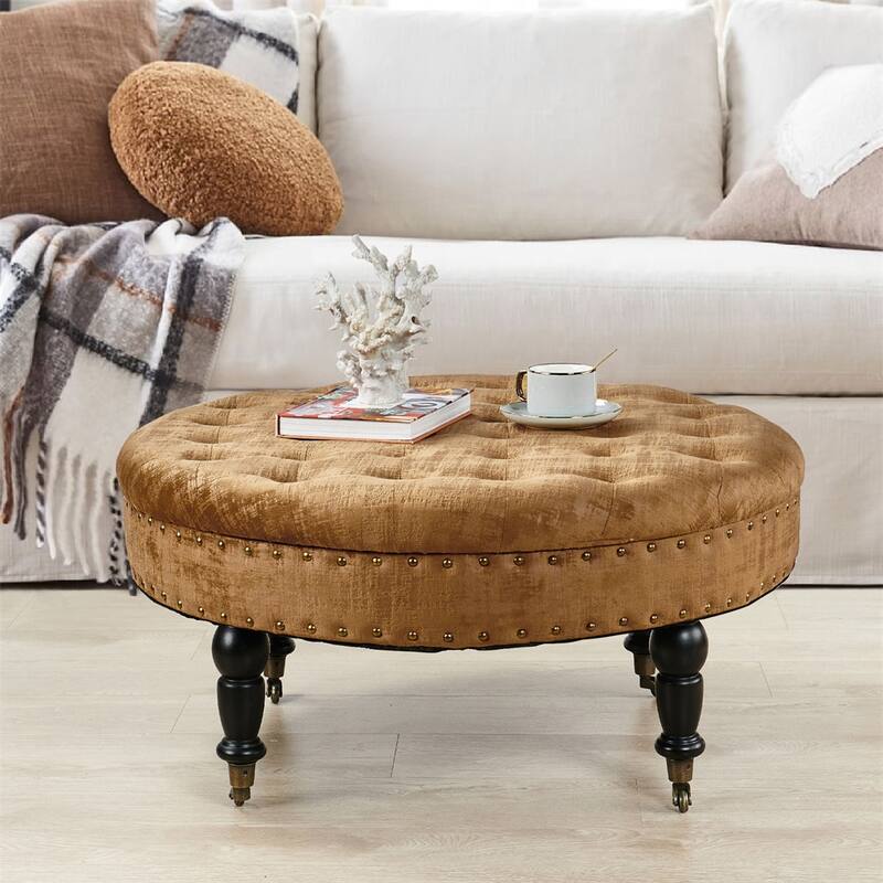 Round Velvet Tufted Coffee Table Ottoman, 34" x 34" x 17" H