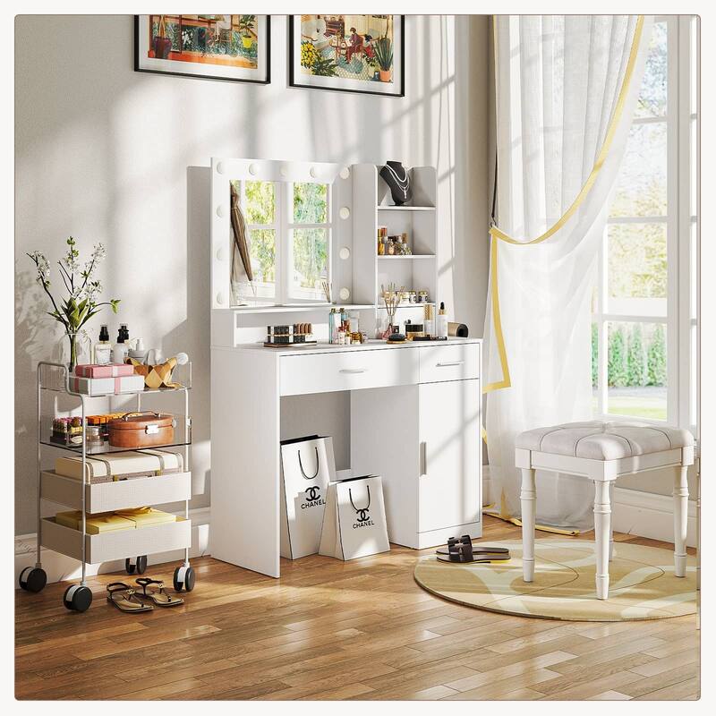 Rossetta 2-Drawer Bedroom Dressing Table with with Adjustable Brightness Large LED Mirror, Power Outlet & Hair Dryer Rack - White - 2-drawer