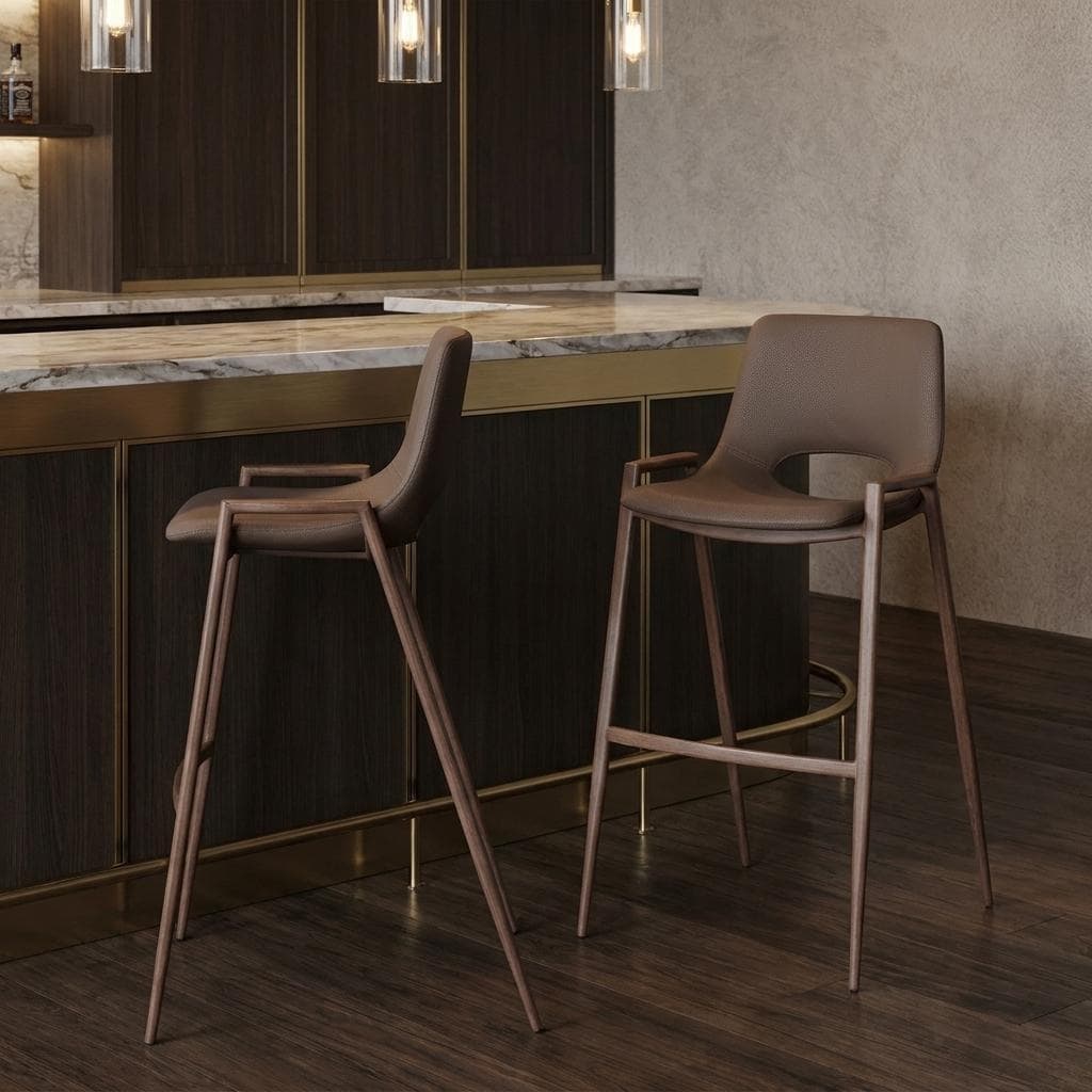 HomeRoots Set of Two 30" Brown Faux Leather And Fabric And Steel Low Back Bar Height Bar Chairs
