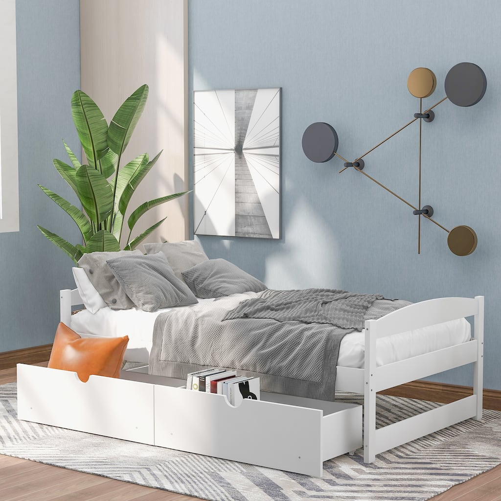 White Twin Size Platform Bed with Two Storage Drawers